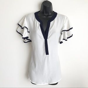 Fraiche by J Ruffle Deep V Neck White Top Blouse S